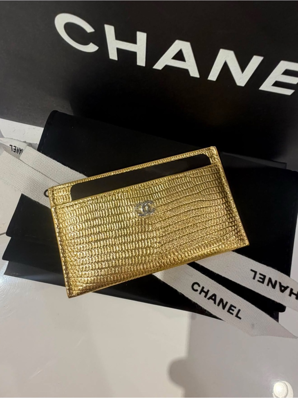 CHANEL Metallic Gold Lizard-Embossed Card Holder
